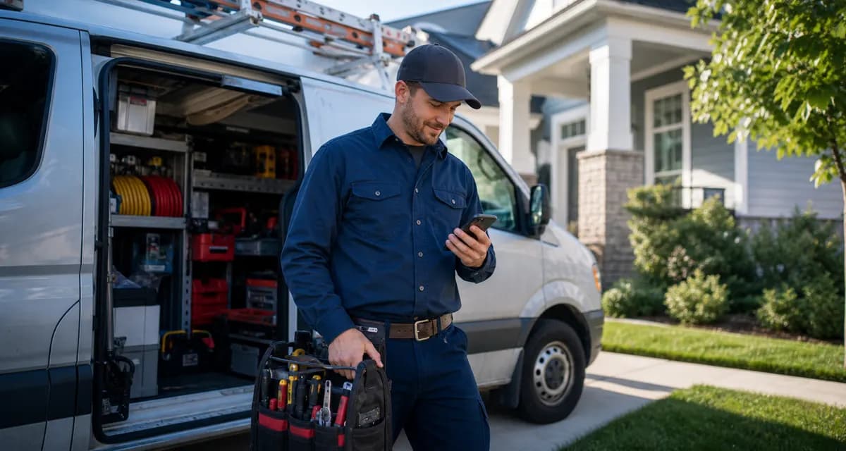 HVAC technician checking phone beside a service van